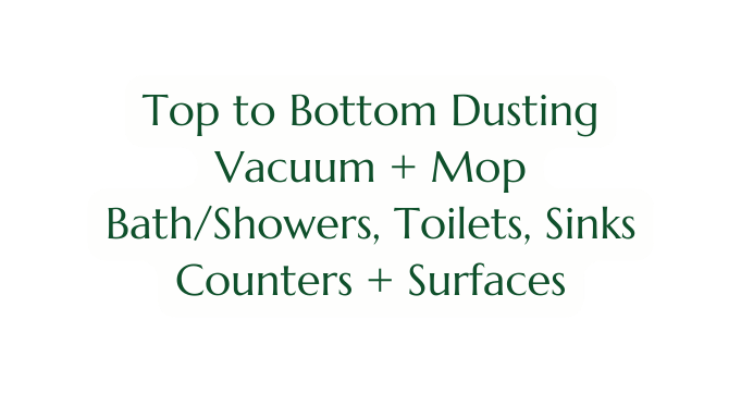 Top to Bottom Dusting Vacuum Mop Bath Showers Toilets Sinks Counters Surfaces